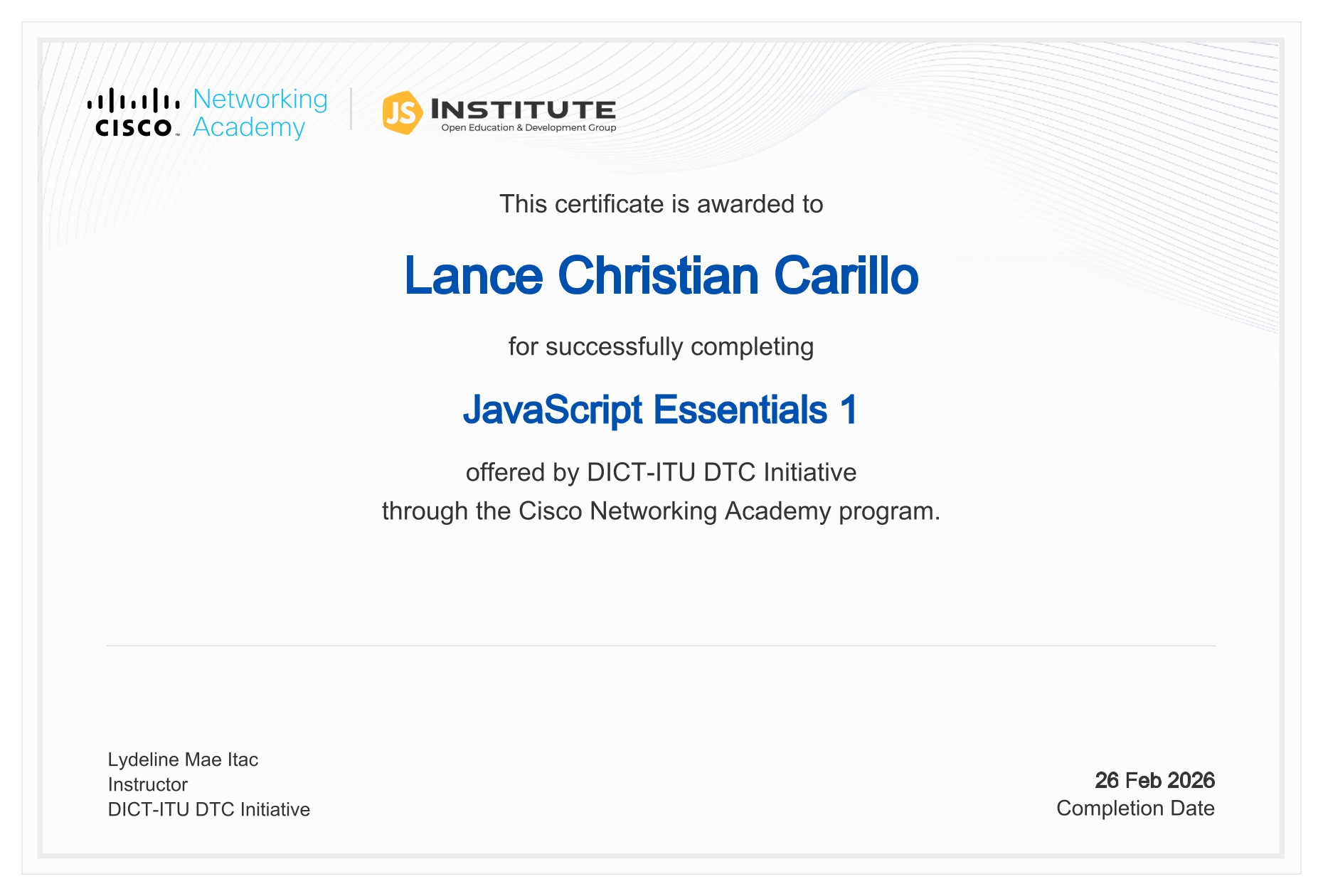 JavaScript Essentials 1 Certificate